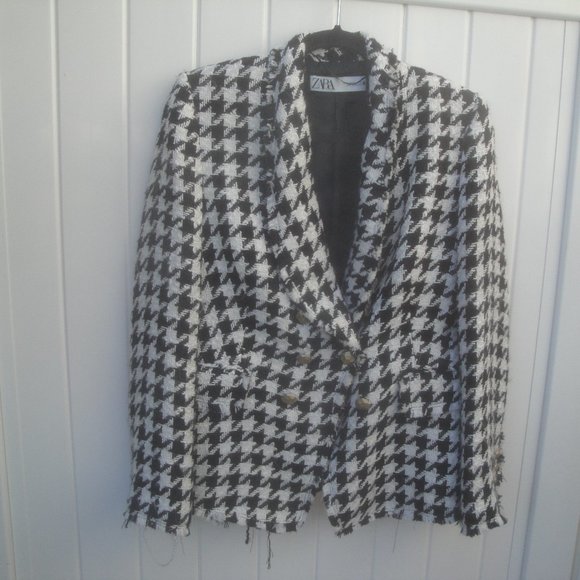 Zara Frayed Houndstooth Check Black-White Plaid Preppy Professional Blazer Large - Picture 2 of 8